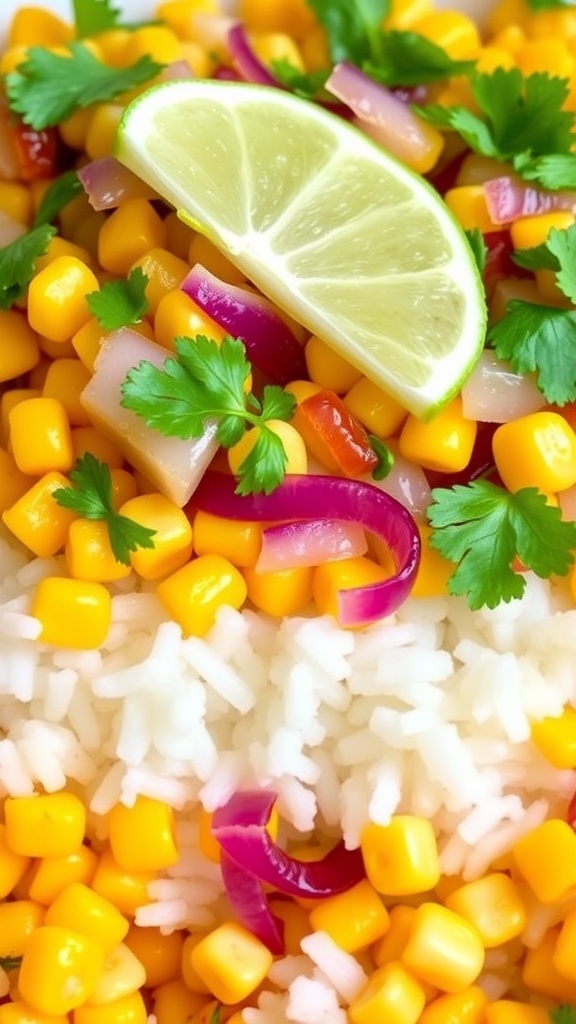 A colorful plate of sautéed corn and onions over rice, garnished with cilantro and lime.